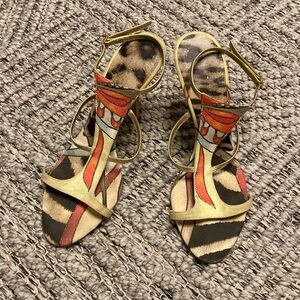 Roberto Cavalli Gold and Red Patterned Sandals
